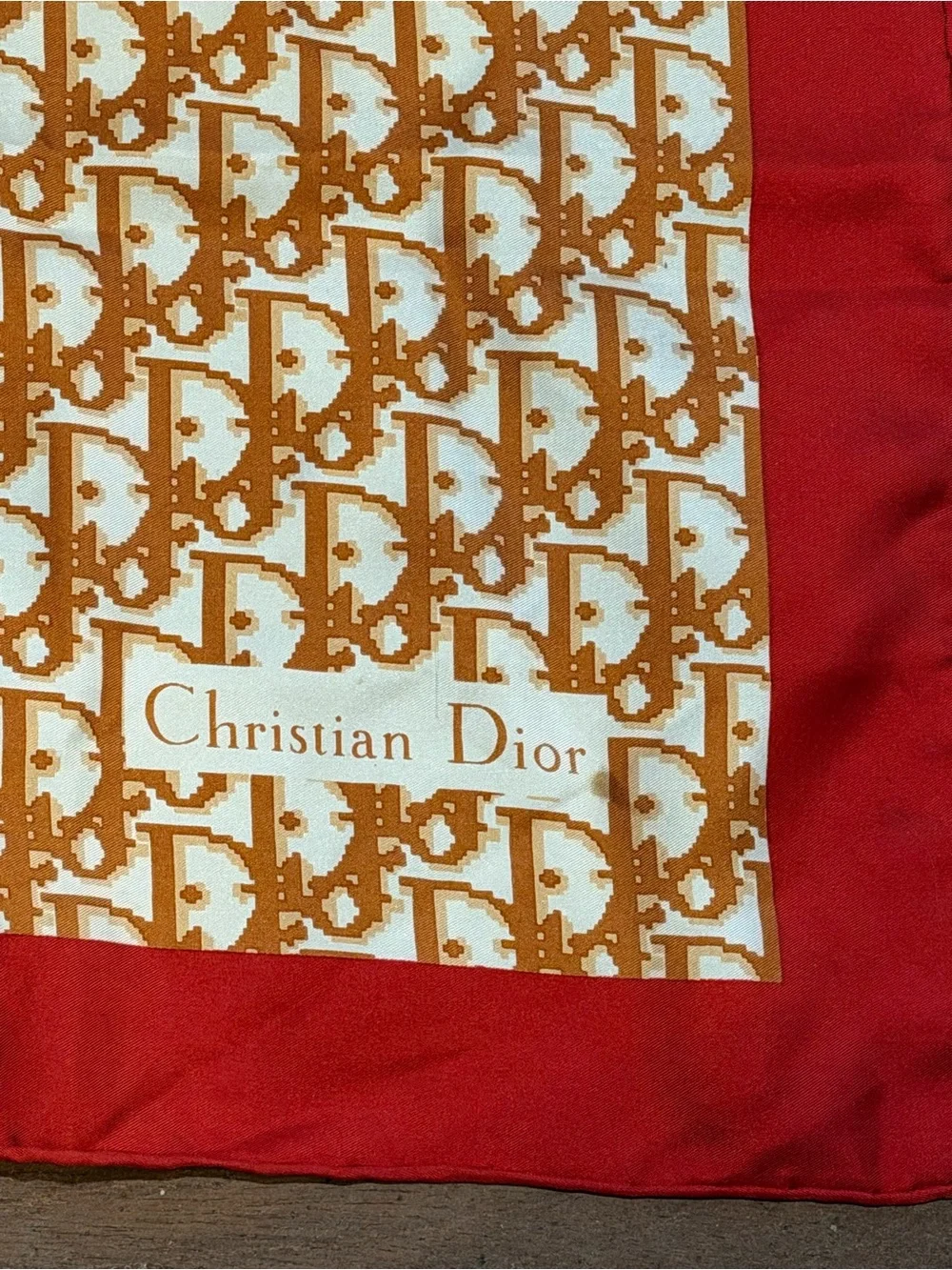 Dior Brown Logo Pattern Silk Scarf with Red Border